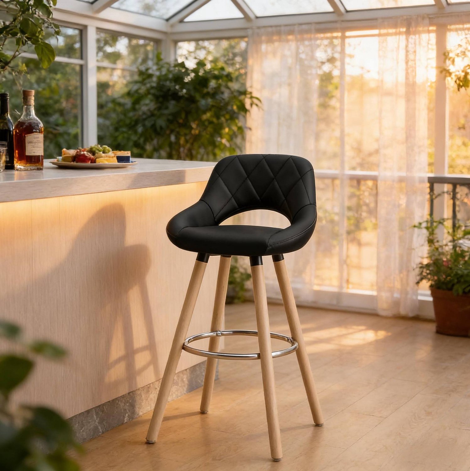 WUVRIE Barkruk 91 cm - Kunstleren zitting met rugleuning en houten poten - Zwart