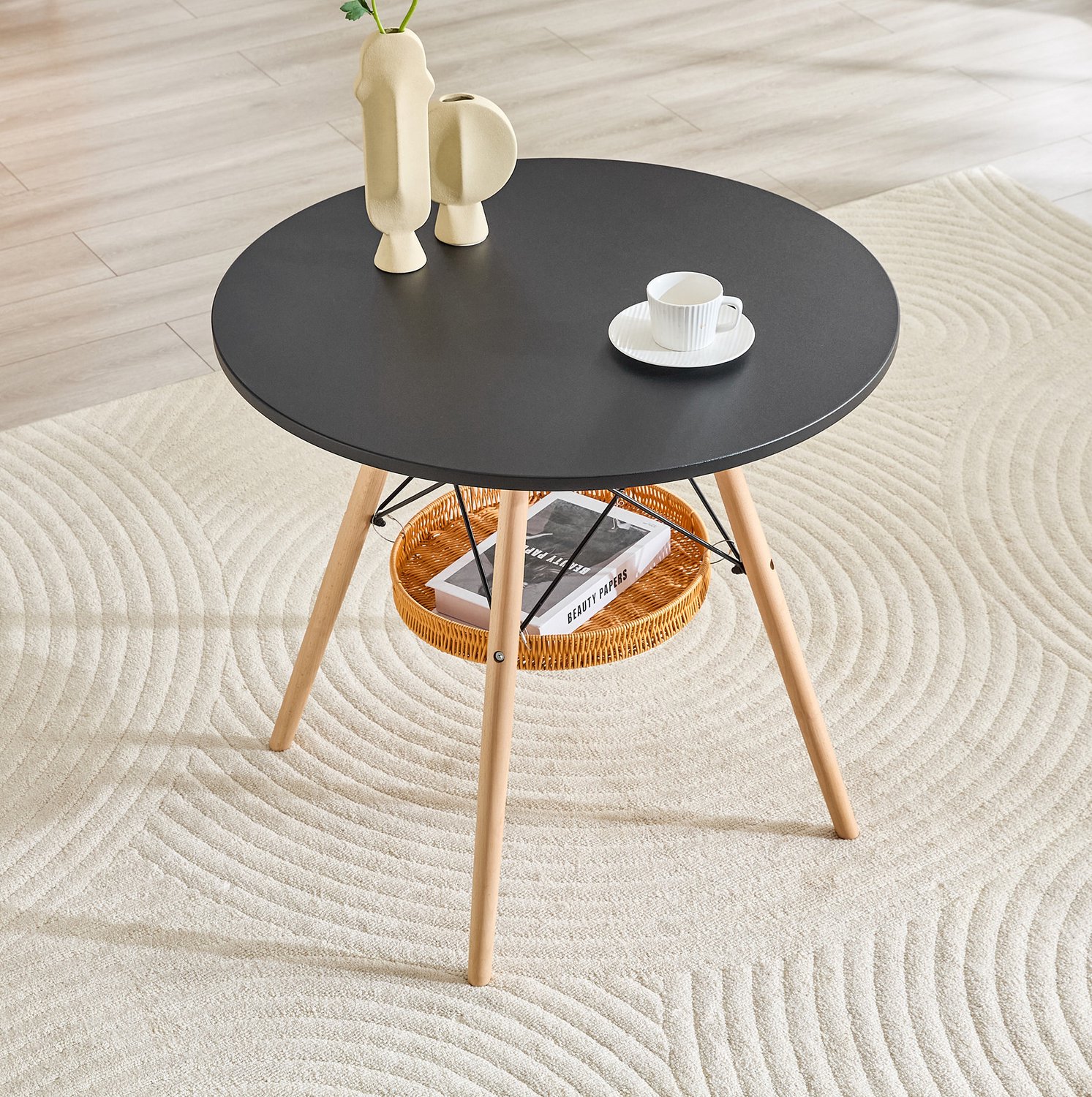 WUVRIE Ronde eettafel Ø 80 cm - MDF blad, metalen kruisframe en opbergmand - Zwart/hout