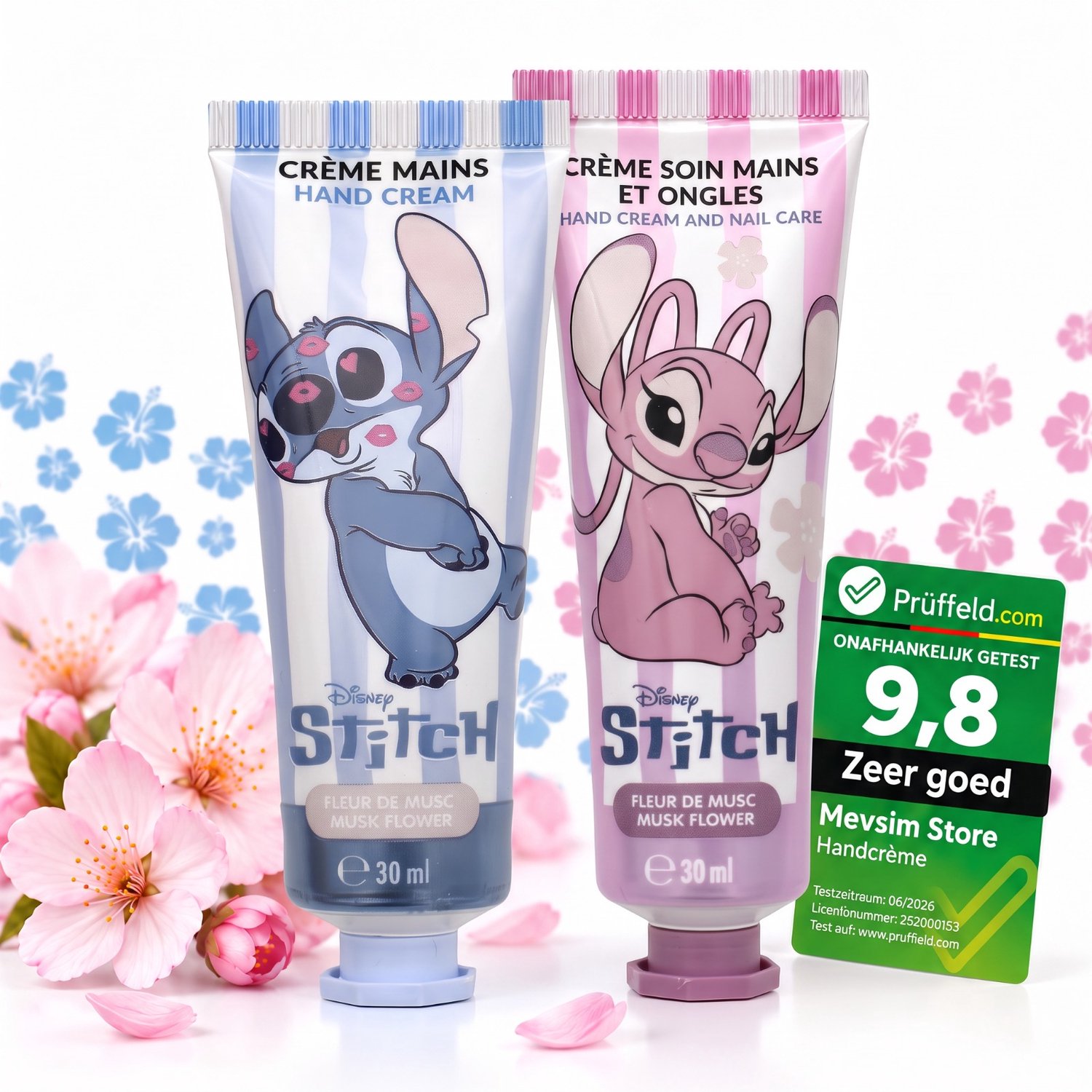 Stitch en Angel Handcreme - Hydraterend - Hand en Nagelverzorging - Dermatologisch Getest - Musk Flower - Vegan - 2x30 ml