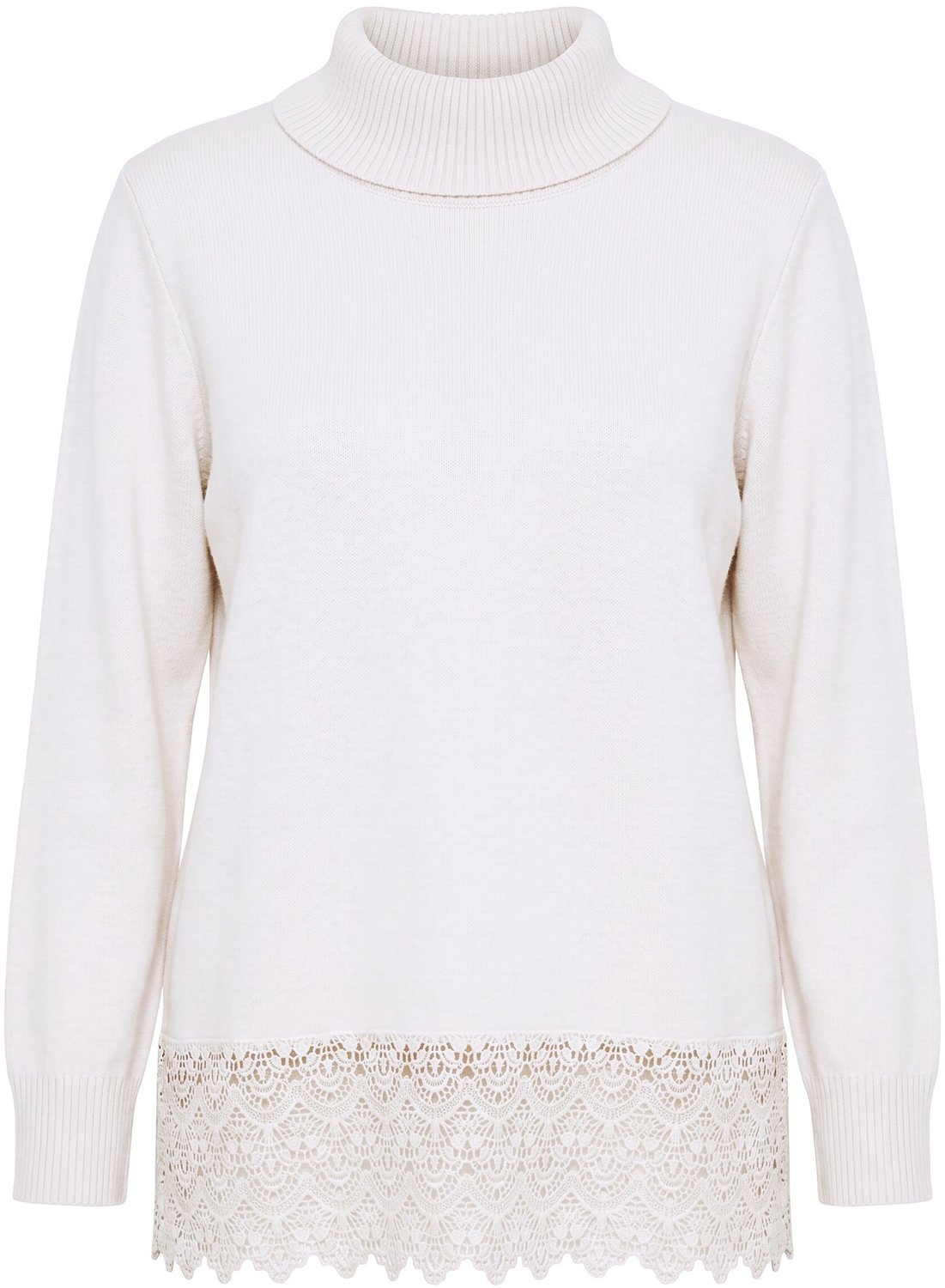 Ulla Popken - Dames - Trui kanten zoom geribbelde col lange mouwen - Grijsbeige - Maat 46+