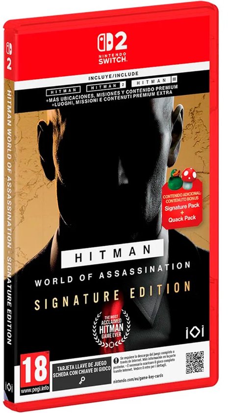 Hitman World of Assassination Signature Edition pour Nintendo Switch avec Agent 47 en costume et label PEGI 18+.
