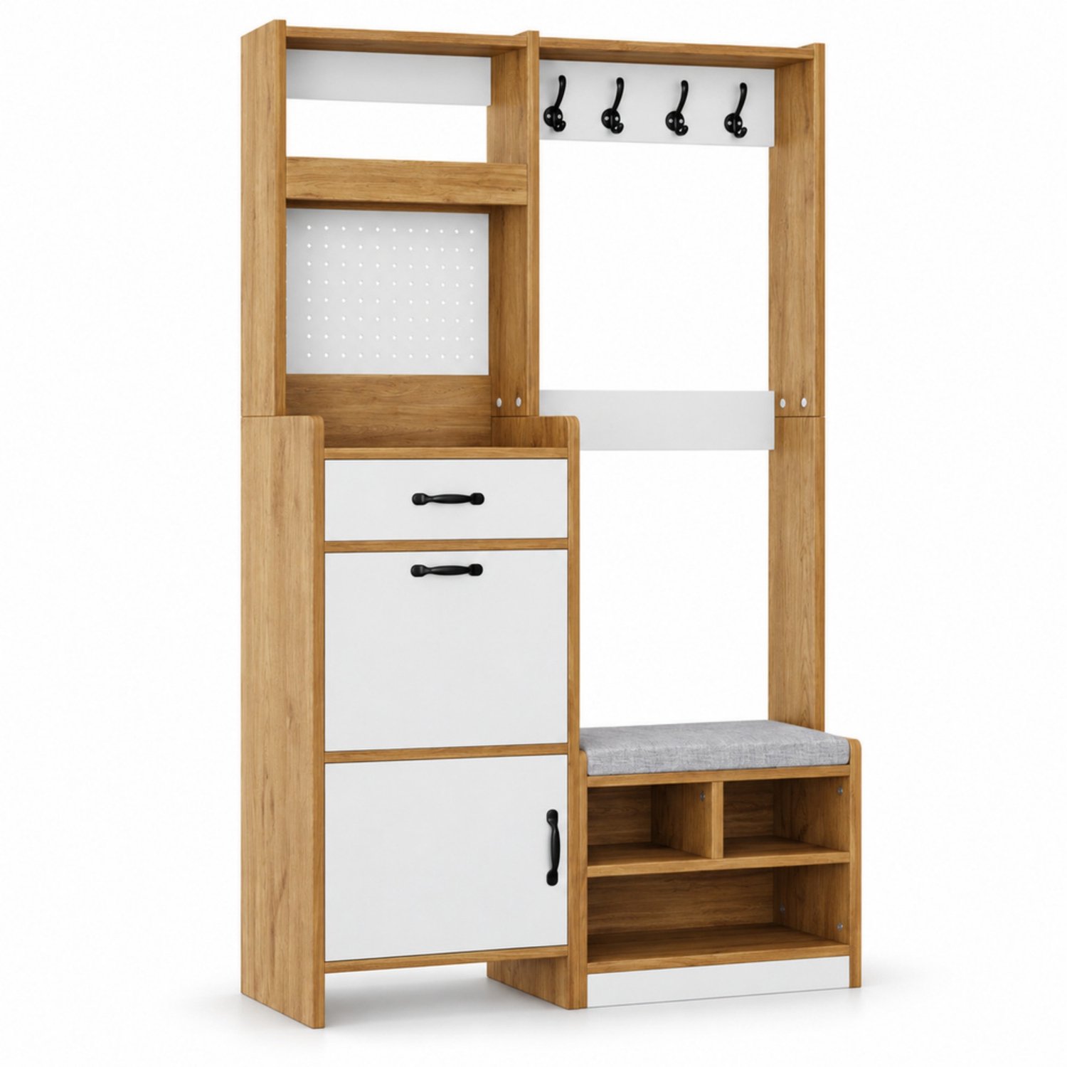 LONG DRAGON – Schoenenkast – Zitkussen en kapstok, schoenenklep en lade – Wit+Naturel – 108,5 × 35 × 180 cm