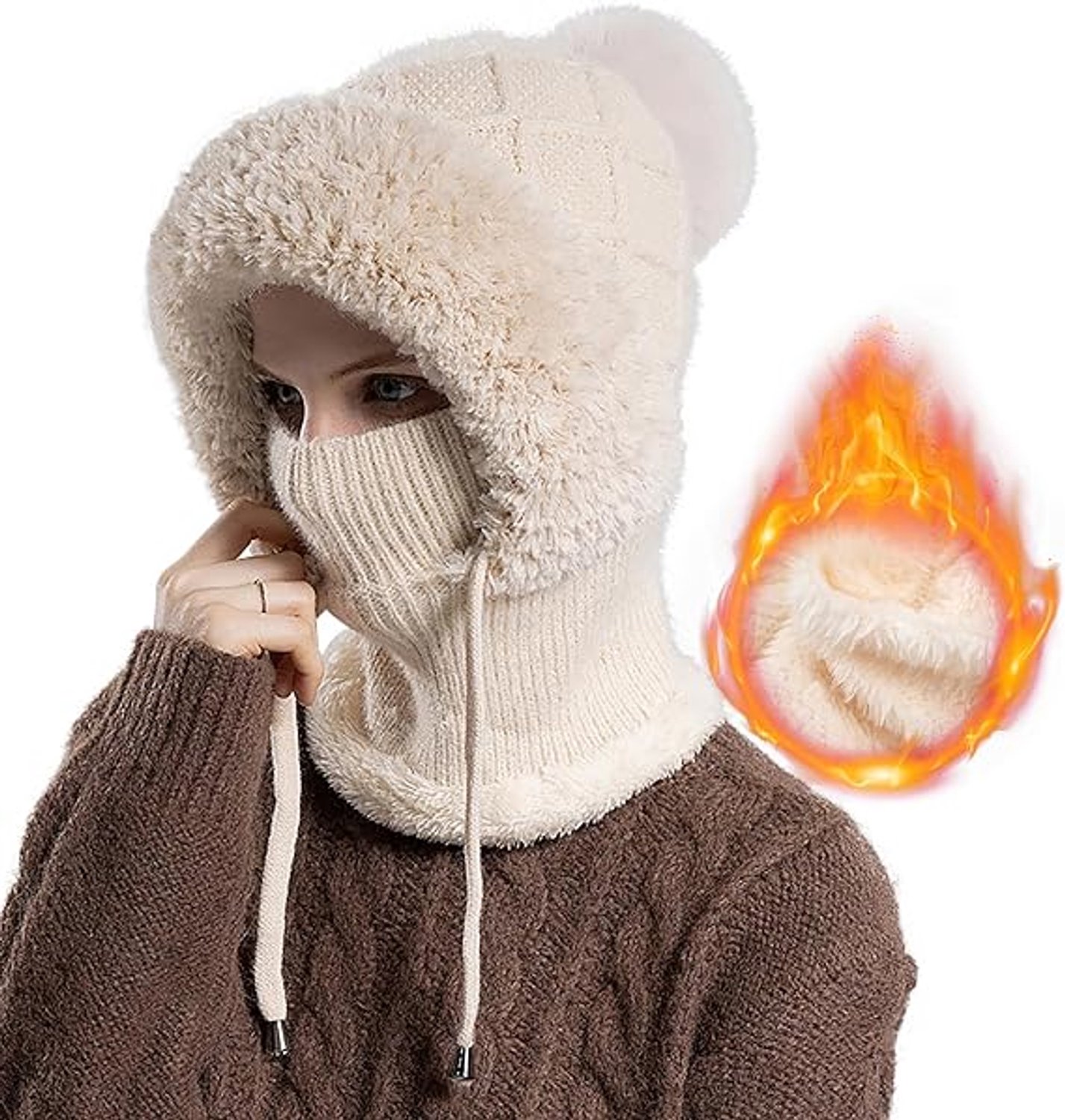3-in-1 muts voor dames, muts met sjaal en masker, warme gebreide wintersjaal en maskerset voor skiën
