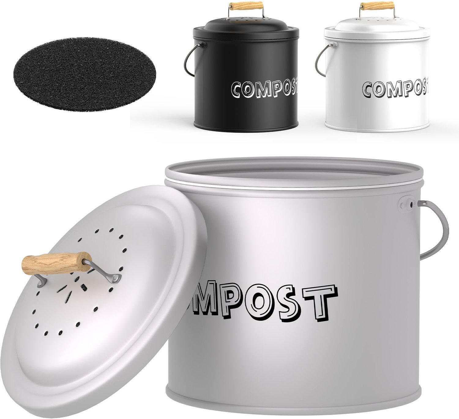 Soontrans Compostemmer voor Keuken - 6 Liter GFT Afvalbak voor Biologisch Afval - 21 x 22 x 24 cm - Geurdicht met Houtskoolfilter - Zwenkhandgreep - Compostbak voor Keukenafval - Wit