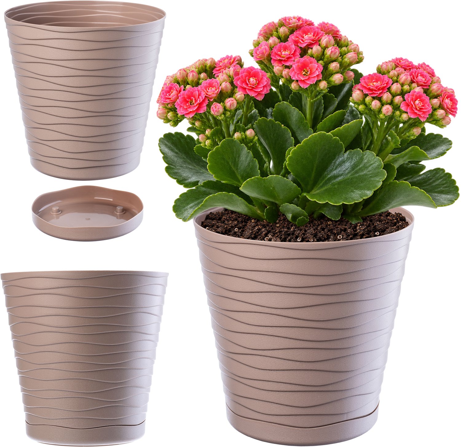 Kadax bloempot met onderzetter, voor binnen, lichte bloempot van hoogwaardig kunststof, ronde bloempot voor bloemen, planten, huis