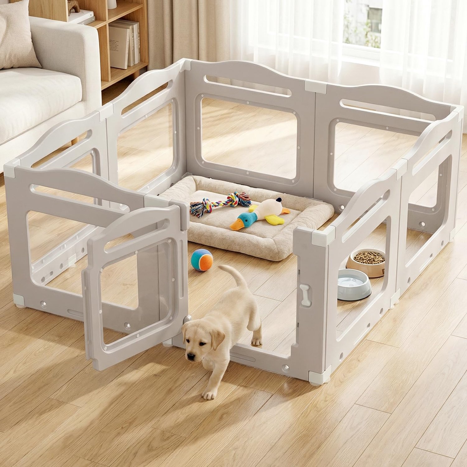 MAMIZO Acryl hondenbox - Puppy uitloop - 129 × 129 x 60 cm - 8 stuks - opvouwbare - met zuignap - Grijs
