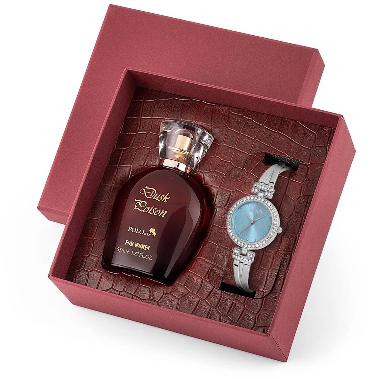 Parfum Cadeauset Dames met Horloge - Eau de Parfum 55 ml Fruitig Bloemig - Dameshorloge Zilver Strass Steentjes Blauwe Wijzerplaat - Geschenkset in Luxe Doos - Verjaardag Moederdag Cadeau Vrouw
