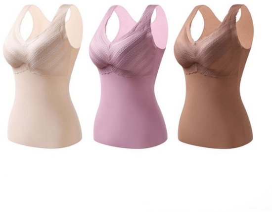 Set van drie thermische hemdjes met V-hals in beige, paars en bruin met kanten buste-afwerking.