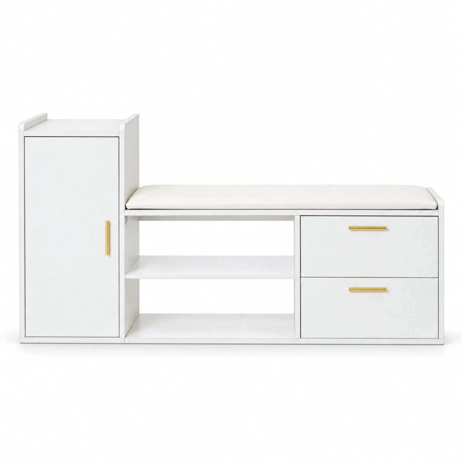 LONG DRAGON – Schoenenkast – Zitkussen, 2 lades en open schoenenvakken – Wit – 128 × 30 × 68 cm