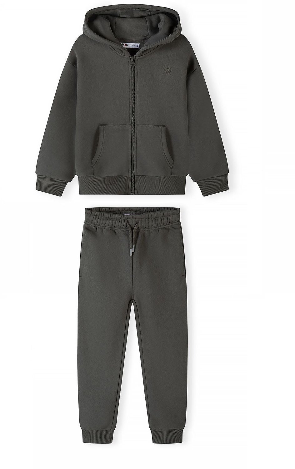Minoti trainingspak jongens – ritsvest met capuchon – smalle broek – olijfgroen