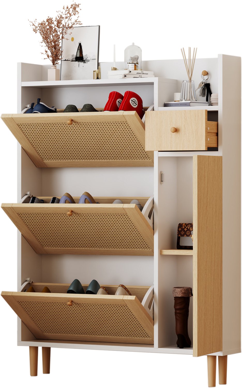 Moderne Schoenenkast - Rottan Met Lade En Push-To-Open - Eiken En Wit
