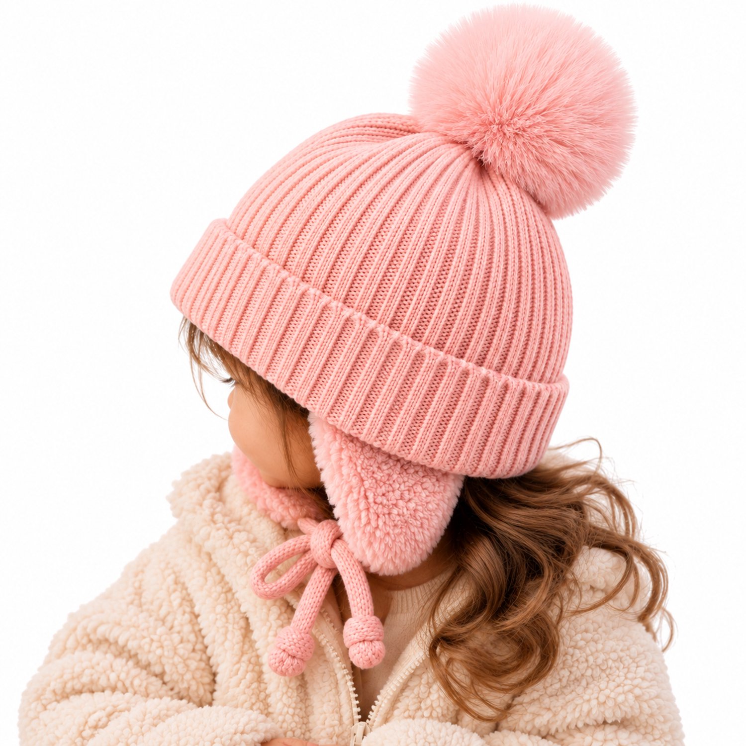 BRD® Kindermuts Roze - Gevoerd - Oorkleppen met Touwtjes - Pompon