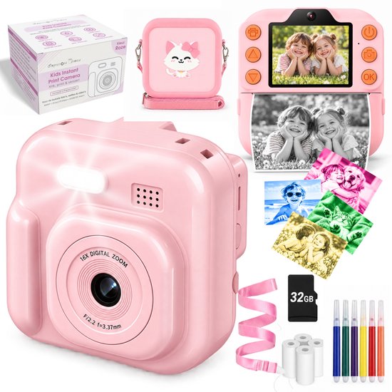 Roze instant kindercamera met 48MP, 16x zoom, cameratas, 32GB SD-kaart, 4 papierrollen en gekleurde stiften.