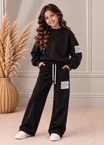 Meisjes Label Pak 2-Delig – Sweater & Wide Leg Broek – Zwarte Comfy Set – Trainingspak Meisjes - maat 110/116