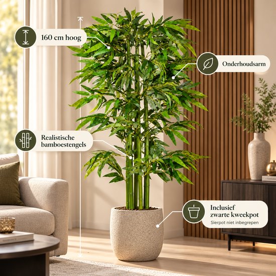 Luxevo Kunstbamboe 160 cm – Kunstplant Bamboe – Realistische Bladeren – Zwarte Pot – Groen