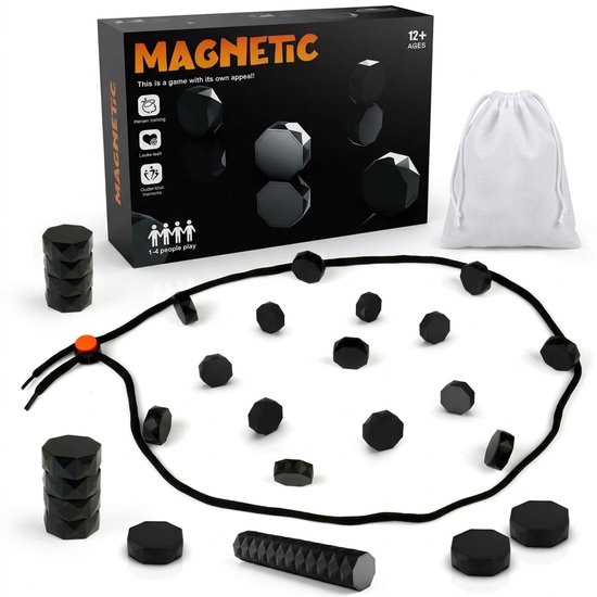 Magnetisch spel met zwarte stenen, speelbord van touw met oranje sluiting, witte opbergtas en doos.
