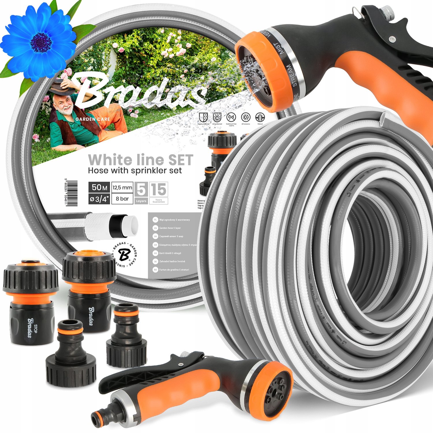 50m 3/4" Tuinslang Set met 8-Functie Sproeier en Koppelingen