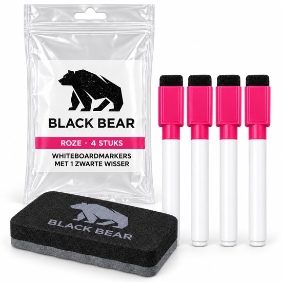 Vier roze whiteboardmarkers in verpakking met zwarte wisser, 'Roze - 4 stuks'.