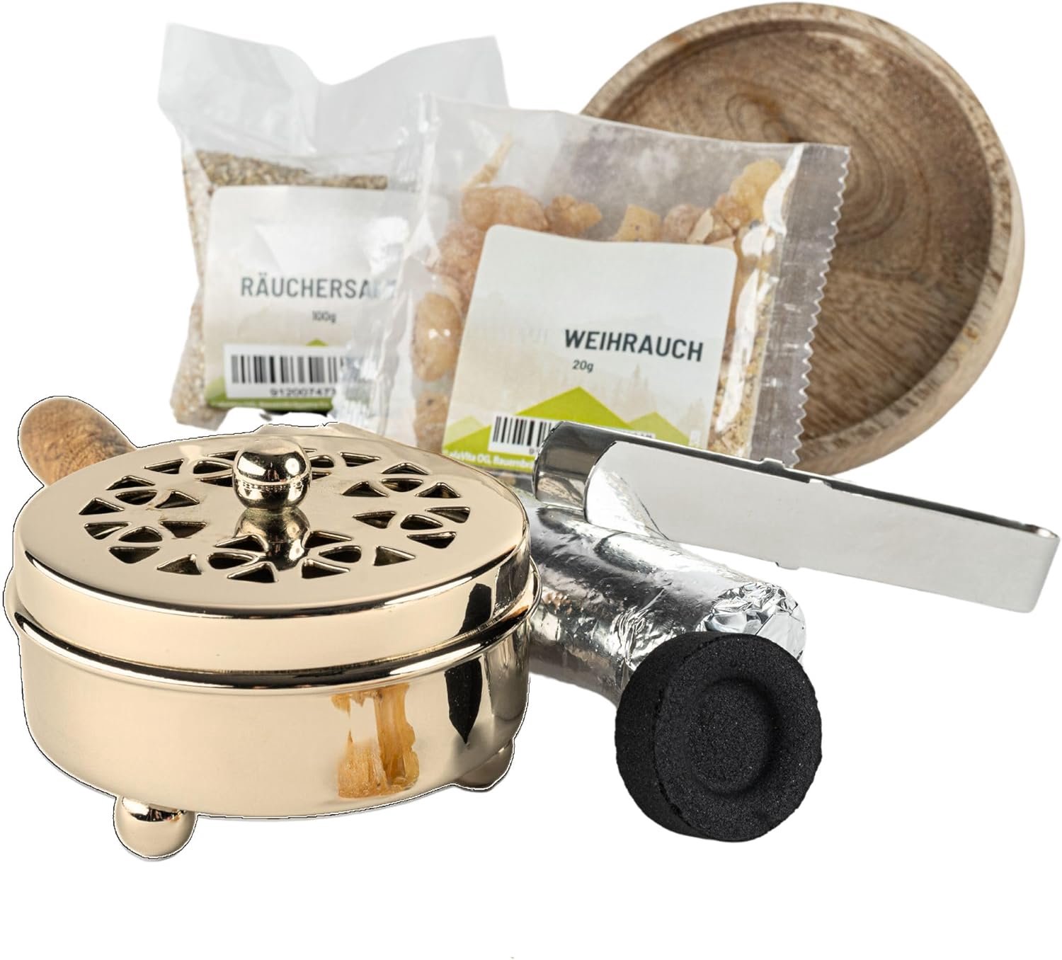 SnelShoppen - Smoke pan set gold brass 6-delige set voor roken van wierook, hars, inclusief wierook, rookkolen, rookzand, en tangen