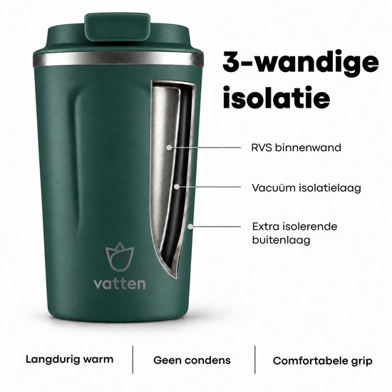 Gobelet isotherme Vatten vert foncé à triple paroi, paroi intérieure en inox et texte : Longue chaleur, sans condensation, prise confortable.