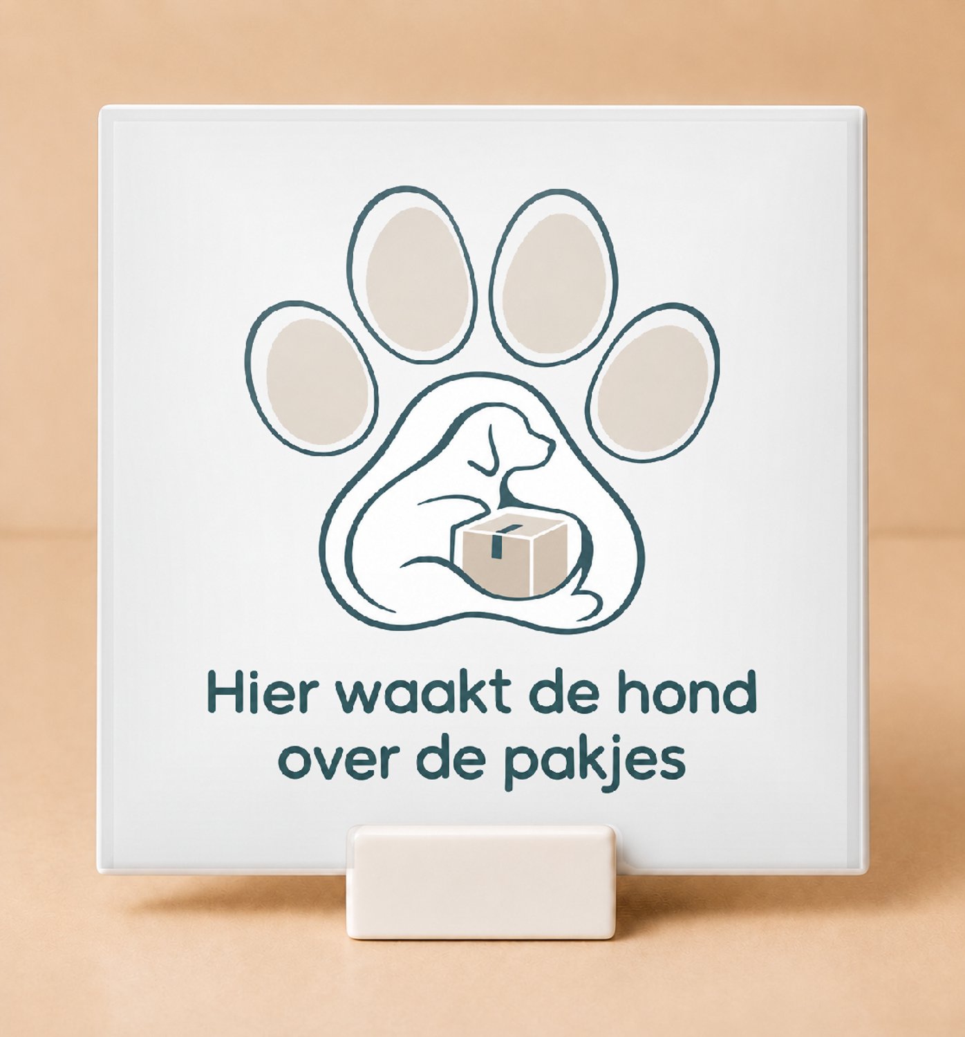 Bedruk King Sfeervolle One-Line Art Tegel 'Hier waakt de hond / over de pakjes' – Minimalistische Kerstdecoratie voor Huisdierliefhebbers - 15 x 15 cm met houder Wit