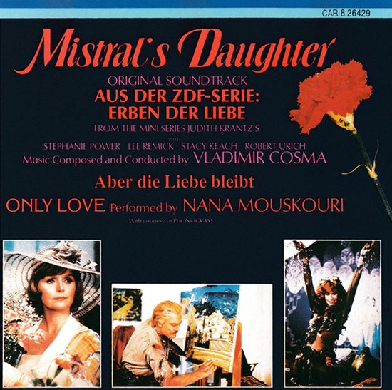 Soundtrackalbum Mistral's Daughter met tekst, een rode anjer en drie kleine filmbeelden op een zwarte achtergrond.