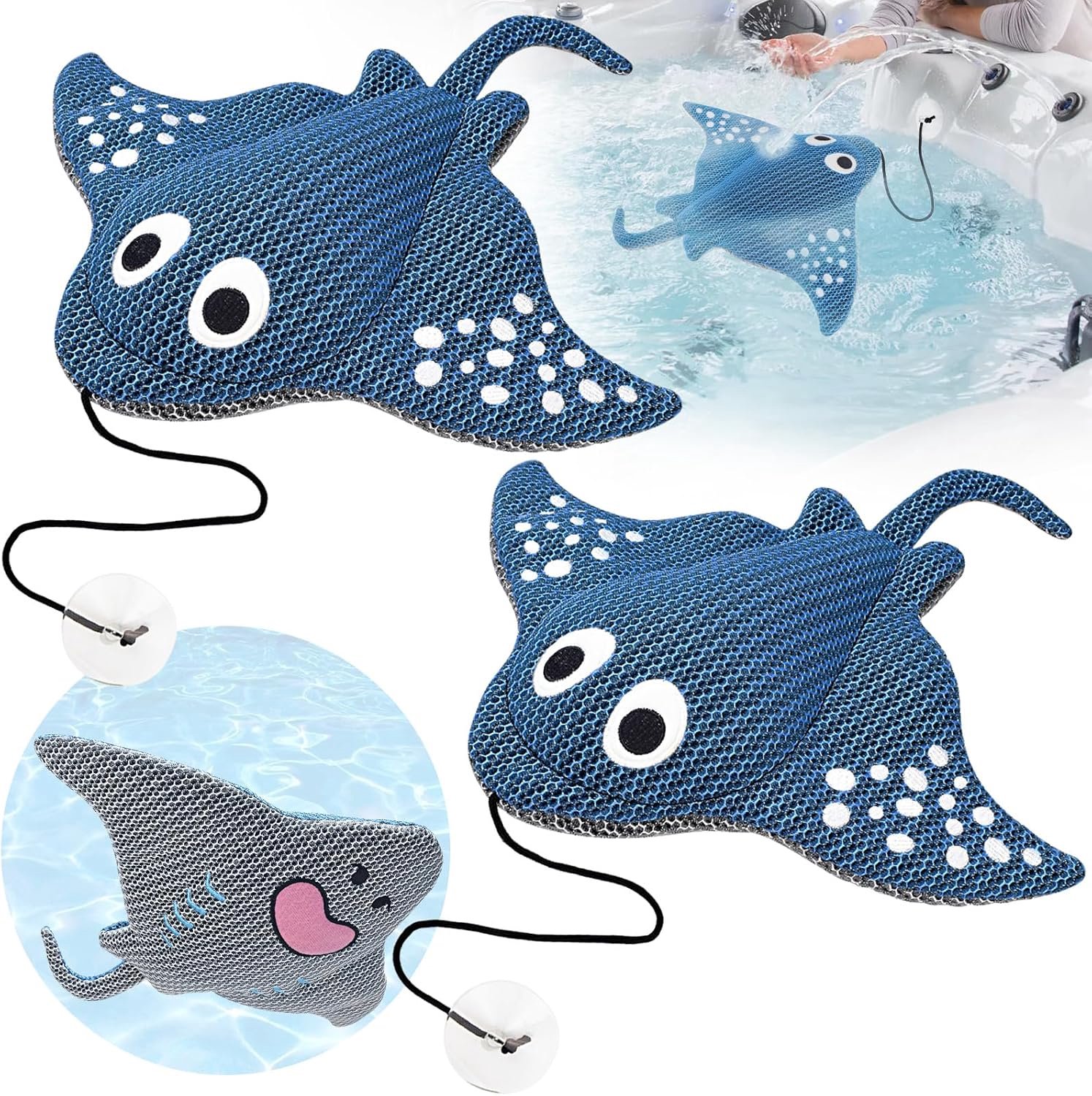 Hot Tub Scum Absorber - 2 Stuks - Herbruikbare Olieabsorberende Spons - Stingray Design - 3D Mesh - Wasbaar - Met Zuignap - Voor Jacuzzi, Hot Tub, Spa & Zwembad