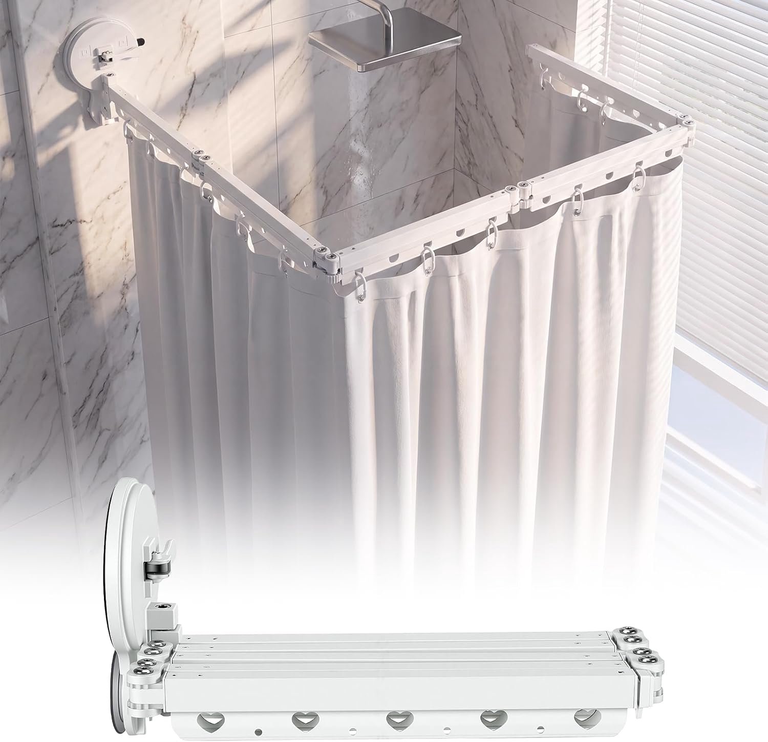 SnelShoppen - Opvouwbare Douchegordijnstang zonder Boren - 172 cm Wit - Inclusief 2 Zuignappen - 360° Inklapbaar voor Badkamer, Badkuip, Wasrek - Flex