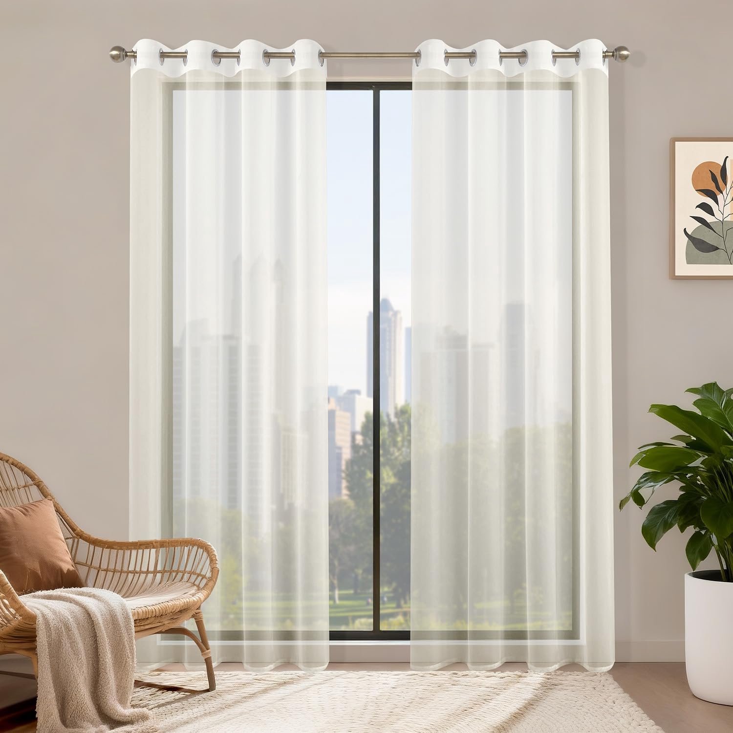 SnelShoppen - 2 Stuks Transparante Gordijnen met Oogjes 140 x 200 cm Korte Gordijnen voor Slaapkamer Woonkamer Keuken Beige Luxe Polyester