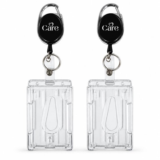 Set van twee zwarte badgehouders met uittrekbaar koord en transparante hoesjes op witte achtergrond.
