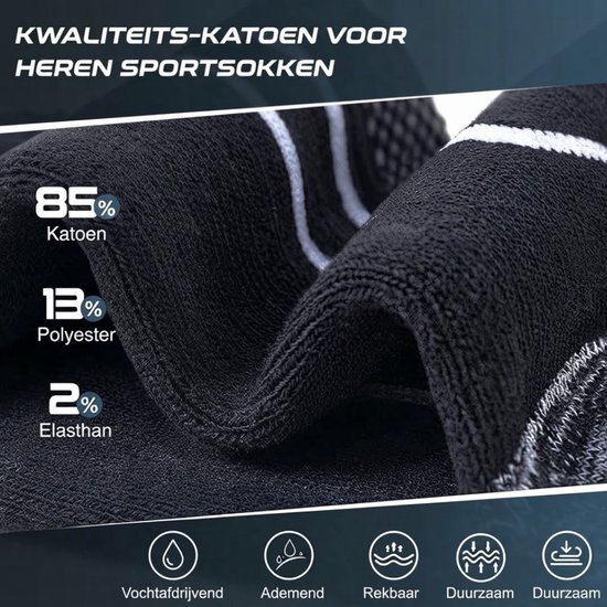 Close-up van sokstof met details: 85% katoen, 13% polyester, 2% elasthan en iconen voor ademend en rekbaar vermogen.