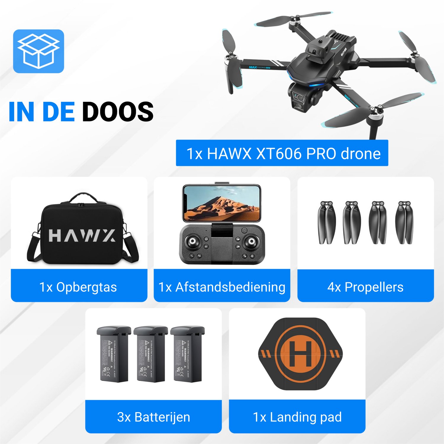 HAWX XT606 PRO Drone - Drone met 4K Camera - Mini drone - Voor Kinderen/Volwassenen - Drones - Tot 120 Minuten Vliegen - Incl. 3 Batterijen, Opbergtas, Landing Pad thumbnail 4