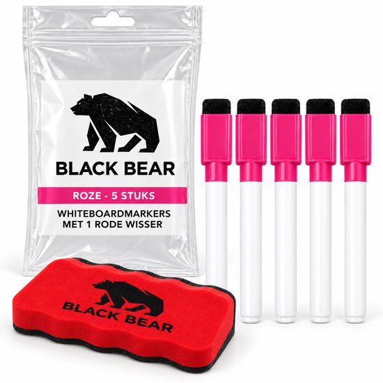 Vijf roze whiteboardmarkers in verpakking met een rode wisser.