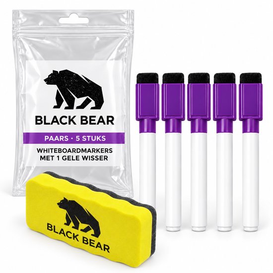 Verpakking met vijf paarse whiteboardmarkers en een gele BlackBear whiteboardwisser.