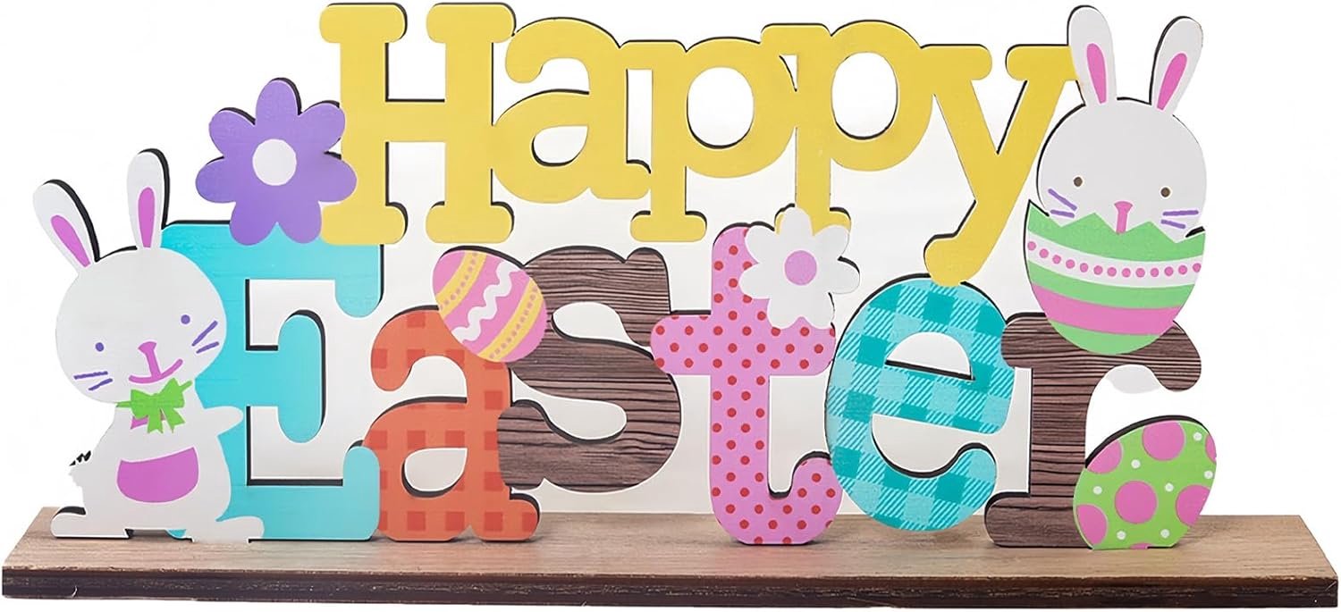 Houten Paashaas Decoratie - Staande Paashaas met Bloemen en Eieren - Kleurrijke Tafeldecoratie voor Pasen - ShopVlot
