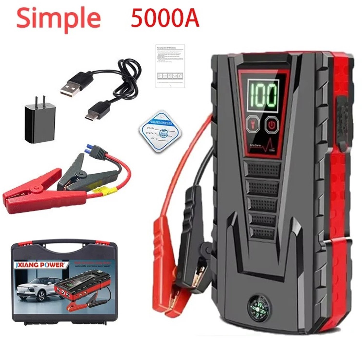 Veya Starthulp - Jumpstarter - Startbooster - Powerbank - Startkabels auto - Accu booster - Draagbaar - 5000A - 12V - Zwart Rood