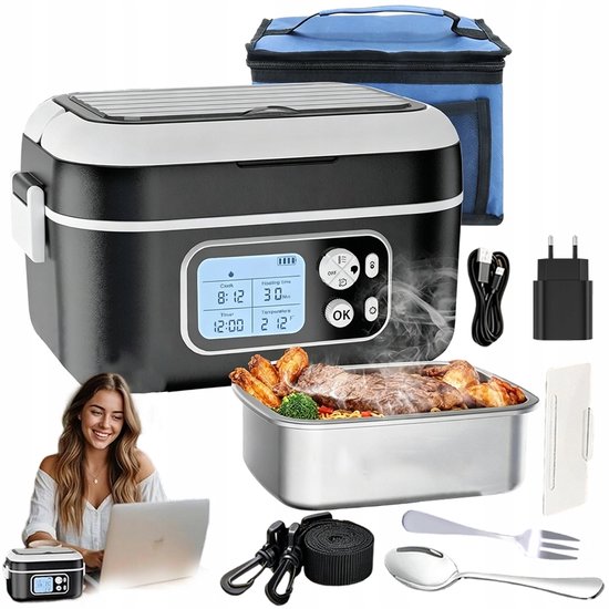Zwarte lunchbox met RVS bak, blauwe tas, oplader en bestek voor kantoor.