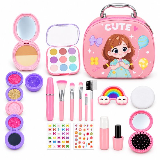 Speelgoedmake-up set met roze tas, paletten, kwasten, stickers en een regenboog. Alles met 'Cute' print.