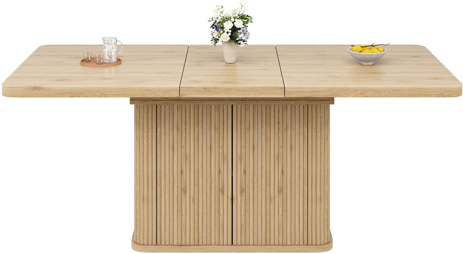 SONNENH Uitschuifbare eettafel met geribde opbergkast - 140 tot 180 cm - Lichte houtlook