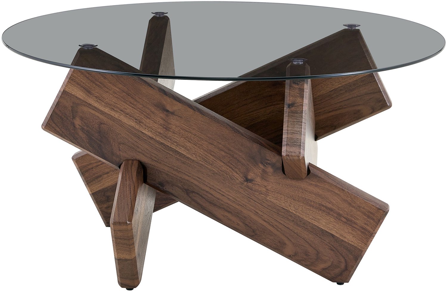 SONNENH Ronde salontafel - Gehard glas en geometrisch MDF onderstel - Ø 79 cm - Walnootlook