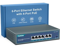 YuanLey 6 Port PoE Switch with 4 Ports PoE+, 2 UpLink, 100Mbps, 78W 802.3af/at, Unmanaged Metal Plug and Play - ShopVlot