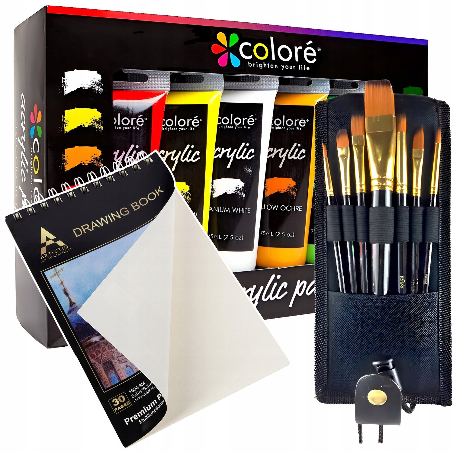 Acrylverf Set 12x75ml met Penselen & Schetsboek A5