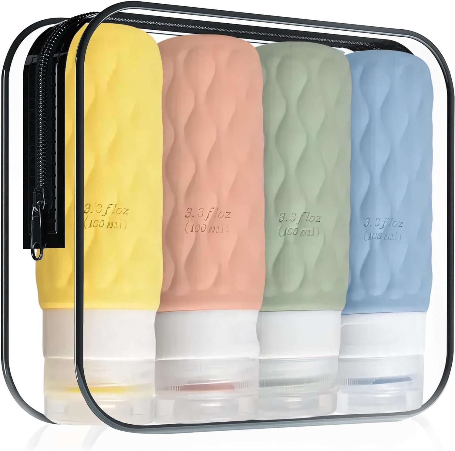 SnelShoppen - Pack van 4 Refillable Silicone Travel Bottles 100ml Set, Lekvrije Reiscontainers met Transparante Toilettas voor Shampoo, Cosmetica en T