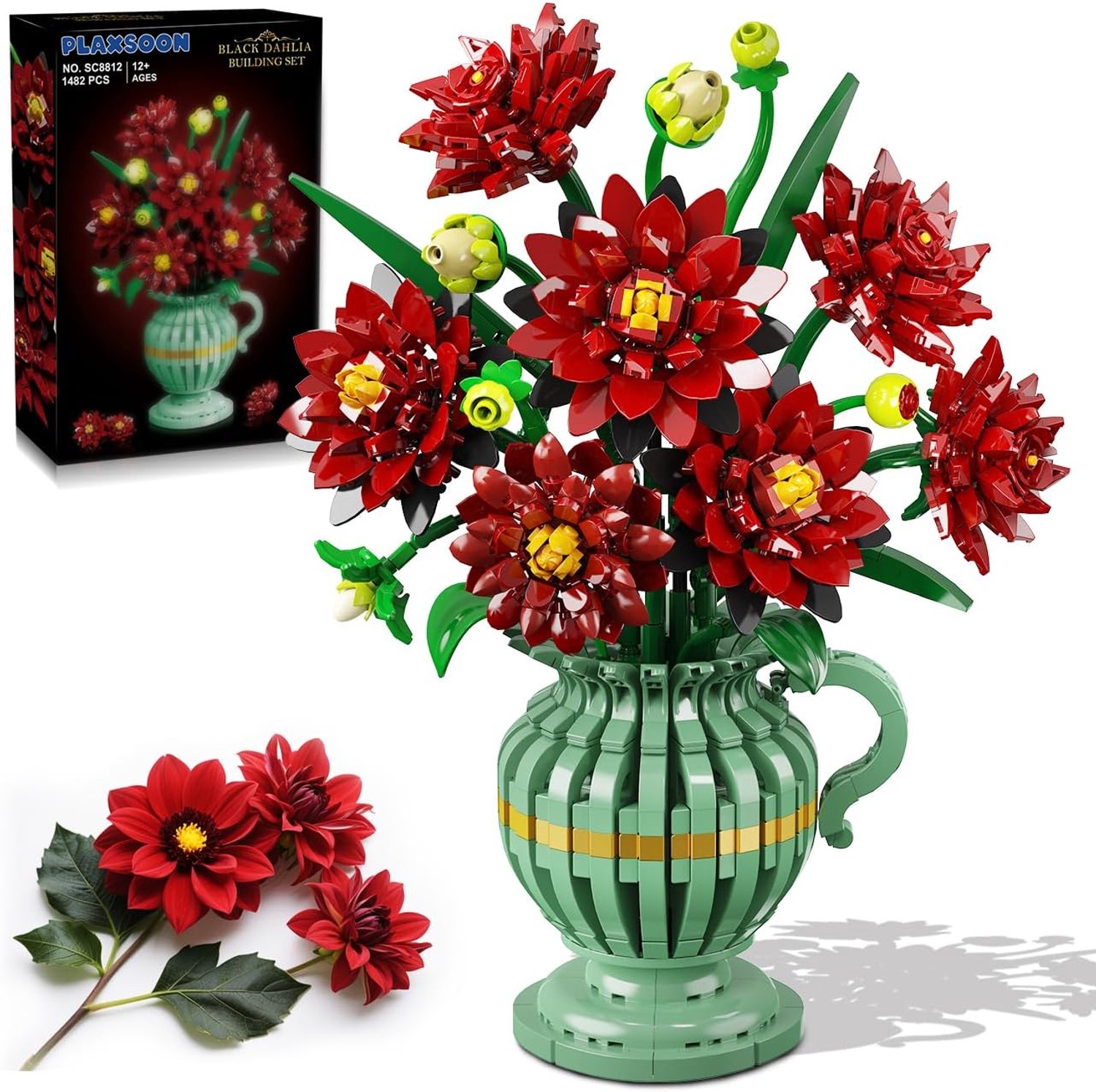SnelShoppen - PLAXSOON Dahlia Bloemen Bouwspeelgoed met Vaasje, 1482 Delen Gothic Kunstplant Bonsai Bouwset voor Volwassenen, Kinderen en Meisjes, Per