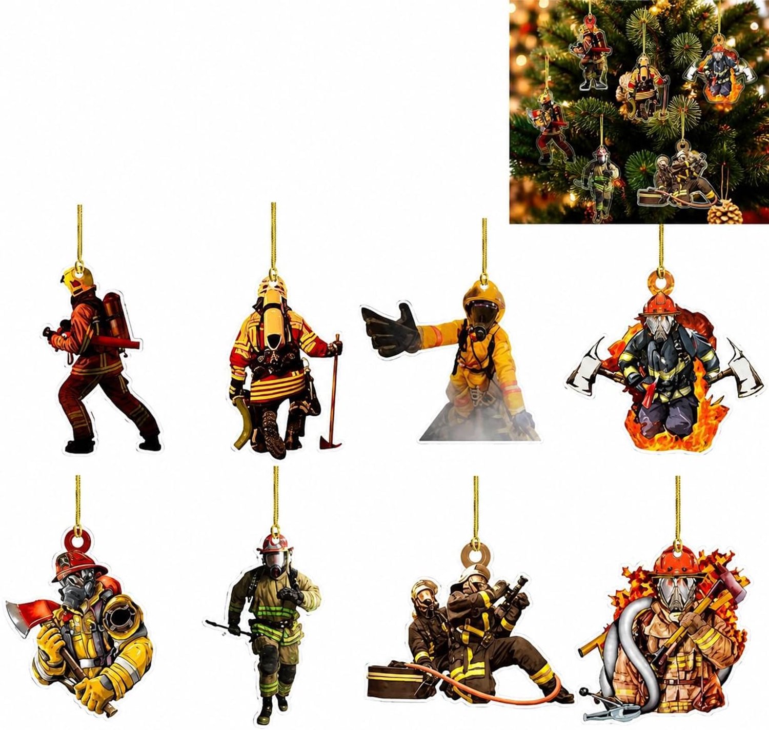 Kerstboomdecoratie brandweer 8 stuks - acryl rood - feestelijke uitstraling - ideaal voor kerstversiering - ShopVlot