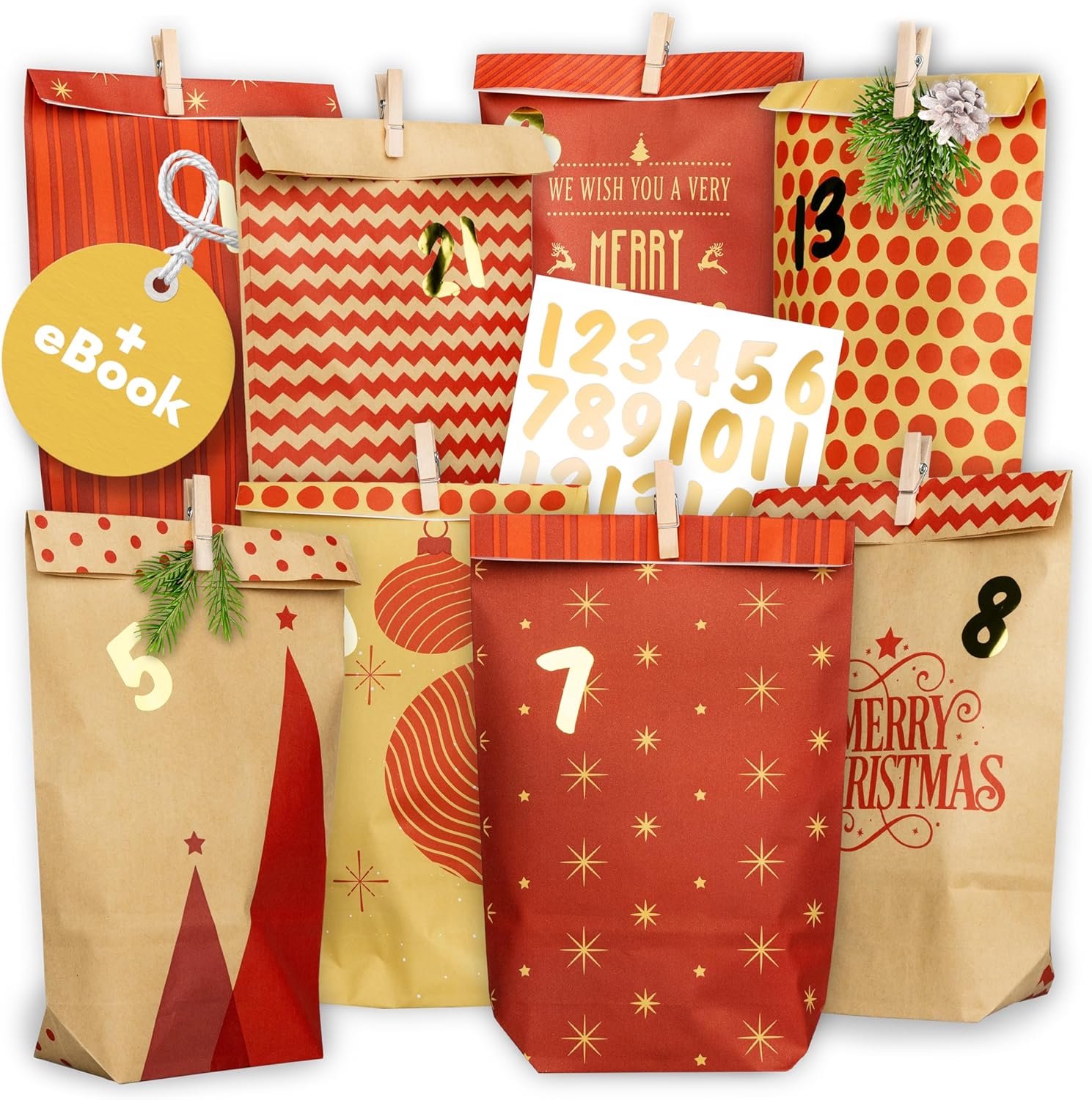 AMARI Advent Calendar for Filling, 24 Paper Advent Bags (with Wooden Pegs) for Crafts for Christmas, Paper Christmas - ShopVlot