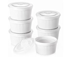 DOWAN Ramekins with Lids 6 oz Oven Safe, Cream Brulee Souffle Ramekins with Covers, Porcelain White Ramekins for Baking, Stackable, Set of 6