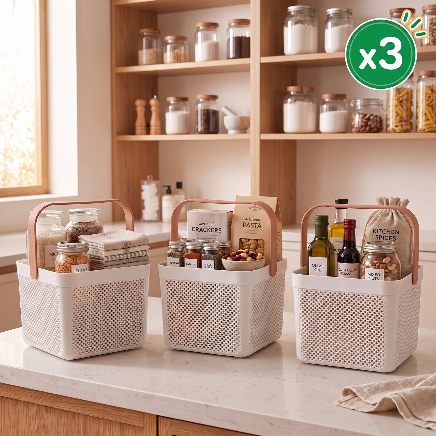 INDECOR Kunststof Opbergmanden met Handvat – Set van 3 – 10 Liter Per Stuk – Opbergbox – Kast Organizer – Witte Opbergbakken voor Badkamer & Keuken – Wit Brita