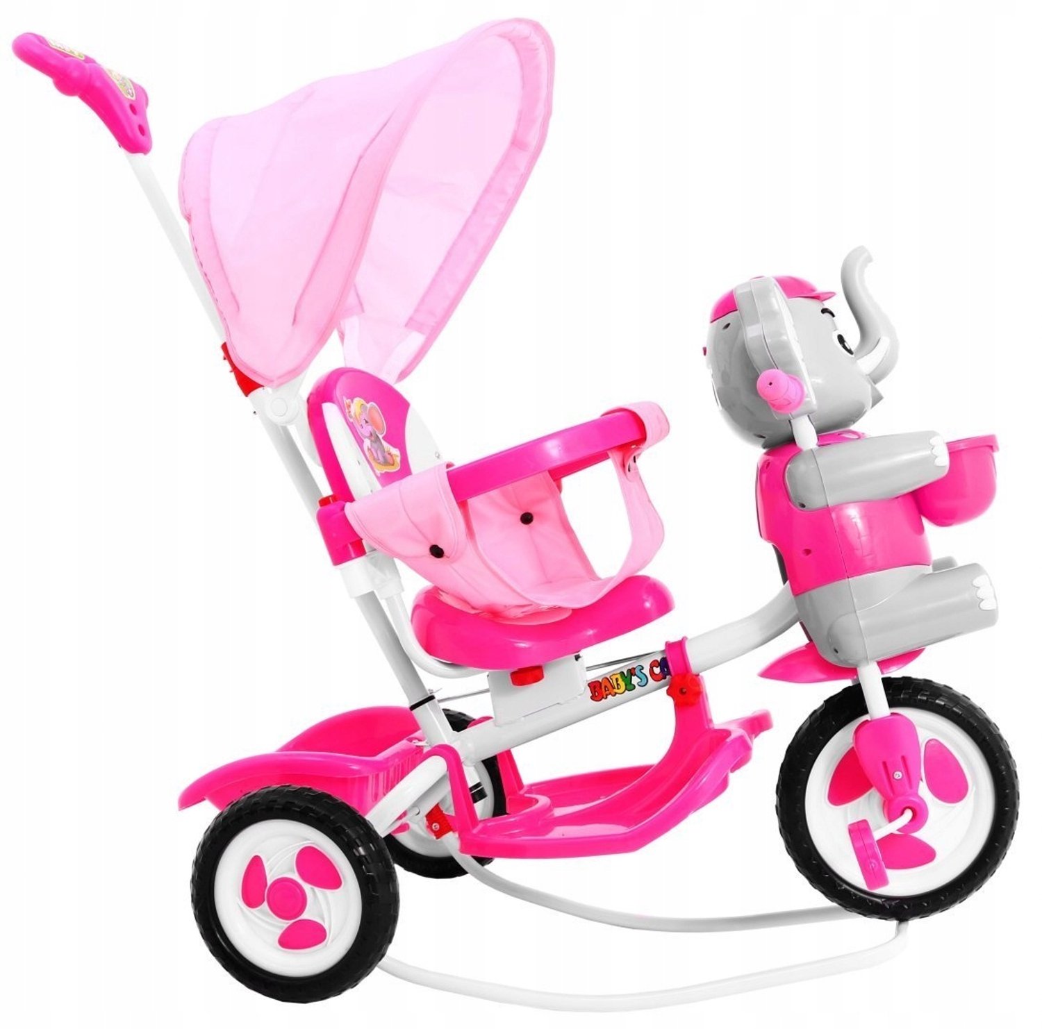 Roze Driewieler Olifant met Duwstang & Schommel - Verstelbaar