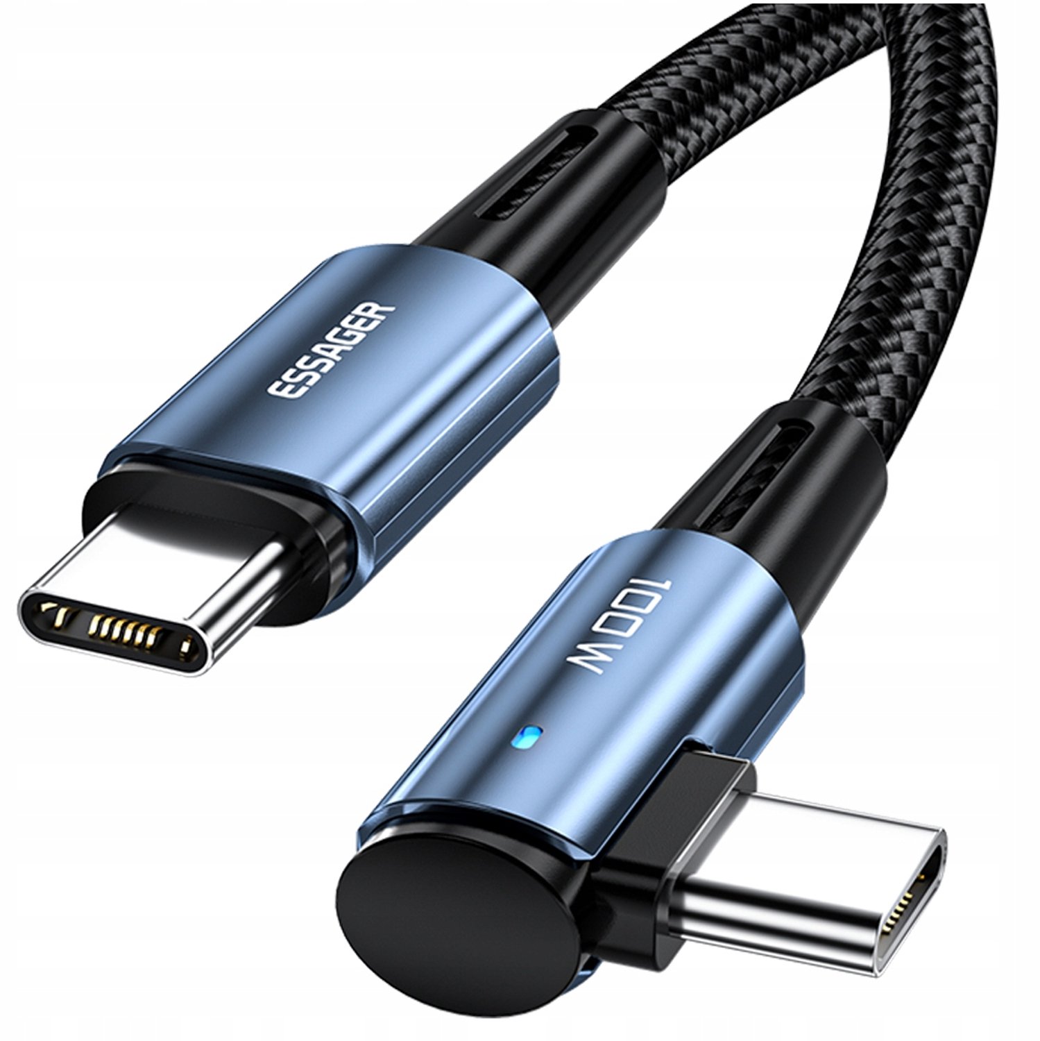 ESSAGER Hoek USB-C Kabel 100W 1m QC 3.0 Nylon Zwart
